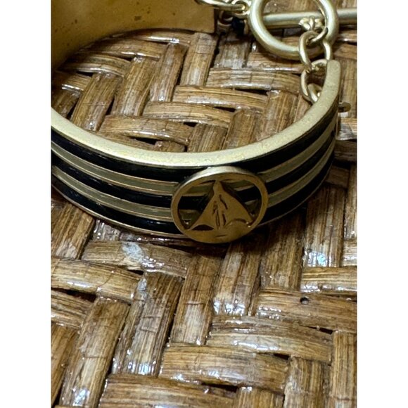 Vintage 80's Open Cuff Nautical Bracelet Gold Tone And Bluem Enamel - Picture 3 of 12